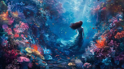 The image is a beautiful painting of a mermaid swimming in a coral reef