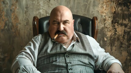 Obraz premium Stern boss sitting confidently, vintage office backdrop. Authoritative man with a cigar, exuding power. Gruff persona captured masterfully. AI
