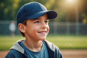 Portrait of happy boy wearing baseball cap looking away