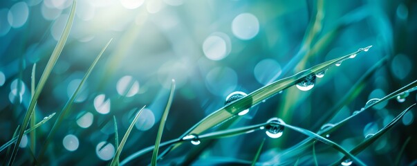 Macro close-up of morning dew on green grass. Freshness and nature concept for design and print - Powered by Adobe