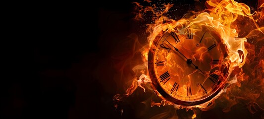 A clock on fire, on a dark background with copyspace representing the concept of running out of time. Flames and ashes