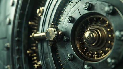 A detailed view of a metal door with a handle, possibly part of a bank safe. Background.