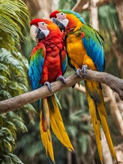 Obraz premium Macaw parrots sitting on tree in forest