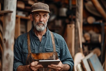 A man in a construction helmet with a tablet in his hands writes down data near cut trees, logger, sawmill, lumberjack. - Powered by Adobe
