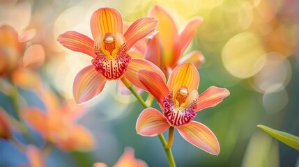 Fototapeta premium Warm, sunlit orange orchids pop against a soft bokeh background, creating a joyful and lively scene