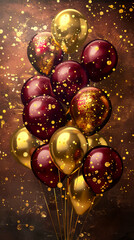 A gold and maroon balloons with glitter on it.