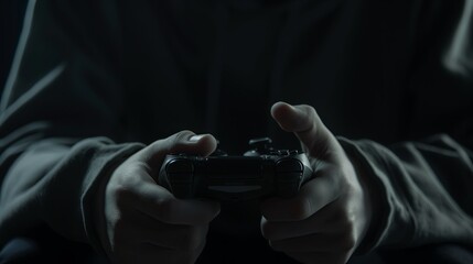 Intense Gaming Session: Close-up of Hands Operating a Game Console Controller