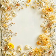 Obraz premium Botanical frame of yellow flowers and dry elements on a white background. Flat lay mockup for design and print. Greeting card, Wedding, Mother's, Woman day. Summertime composition with copy space.