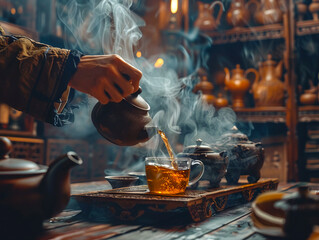 A person pouring tea into a pot on a wooden table. - Powered by Adobe
