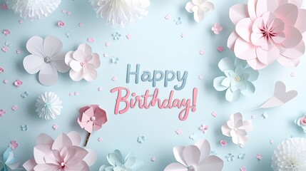 3D paper crafted flowers and butterflies on blue background with Happy Birthday text.