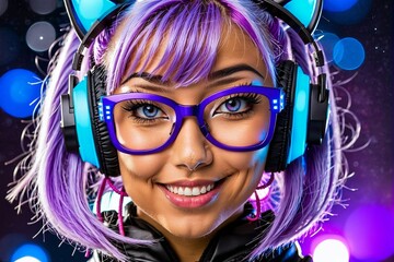 A woman with purple hair and glasses is smiling and wearing headphones