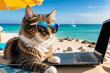 A cat wearing sunglasses and sitting on a laptop on a beach
