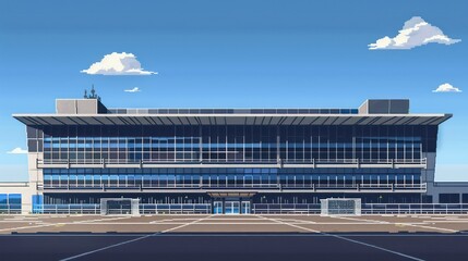 Detailed pixel art of a contemporary office building with large windows and a spacious parking area under a light blue sky