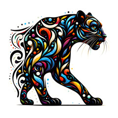 Black panther abstract silhouette on white background with colorful accents