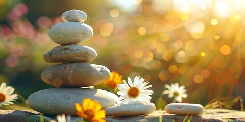 Obraz premium A cairn of stones is stacked in front of a field of daisies, all in the glow of a setting sun.