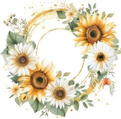 Sunflower frame with golden glitter on a white background.