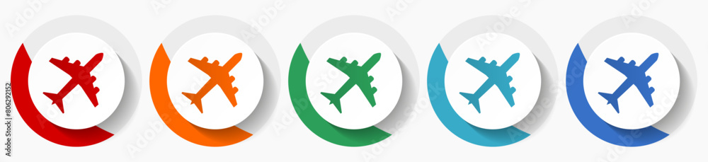 Poster Flight, plane, aircraf vector icon set, flat icons for logo design, webdesign and mobile applications, colorful round buttons