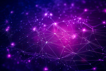 Pink purple abstract background with a network grid, particles connected and bokeh. Sci-fi digital technology with line connect network and data graphic IT background