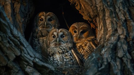 a lone owl perfectly camouflaged in a dark tree hollow