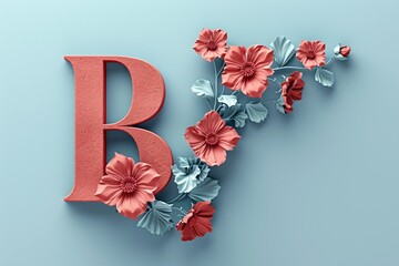 3D Render Red Letter B with Engraved Flowers on Abstract Background