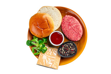 raw burger set cutlet, bun, cheese, tomato sauce, greens fresh cooking meal food snack on the table copy space food background 