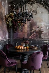 A round table with velvet chairs in burgundy and purple colors sits in front of an antique wall with a decorative frame
