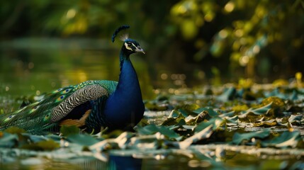 Obraz premium An exquisite peacock lounges by the water's edge, surrounded by fallen leaves in a serene, natural setting