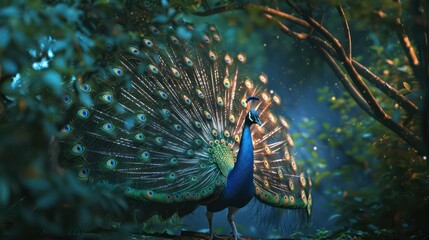 Obraz premium A peacock proudly displays its splendid tail in a mystical, foggy forest environment, adding wonder to the scene