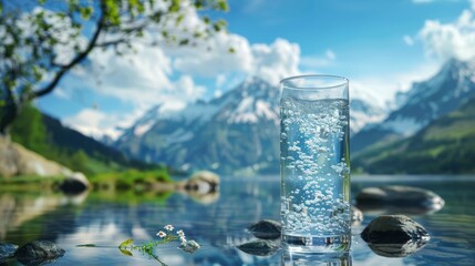 Glass of sparkling water on lakeside rocks with mountain background. Freshness and nature concept