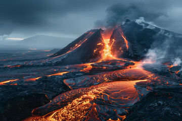 A volcano with a large hole in the top and a lot of lava coming out of it - Powered by Adobe