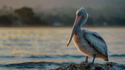 Close-up of a pelican standing solemnly on a rock with a soft morning light bathing the scene