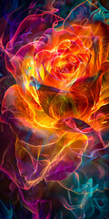 A rose with colorful smoke and flames.