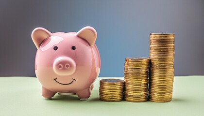 smiling pink pig piggy bank next to a stack of gold coins isolated on blue background investment success savings concept generative ai