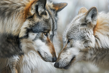 Two wolves are standing close to each other, their noses touching