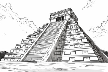 Black and white line drawing illustration of Chichén Itzá, Mexico. one of the seven wonders of the ancient world	
