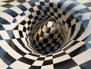 A black and white checkered tunnel with a hole in the middle.