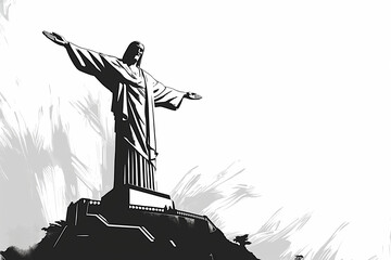 Black and white line drawing illustration of Christ the Redeemer statue in Rio de Janeiro, Brazil. one of the seven wonders of the ancient world	
