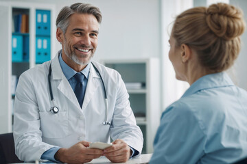 Man family doctor is talking to a patient woman in his office, private clinic