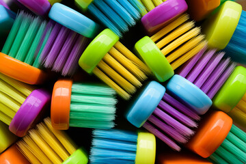 Bunch of different colored toothbrushes bristle.