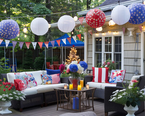 Modern Outdoor Celebration: Elegant Fourth of July Decorations Adorning Lounge Area with American Flag Throw Pillows - Clean composition, Ample negative space