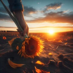 A falling sunflower lying on the ground, under the sunset