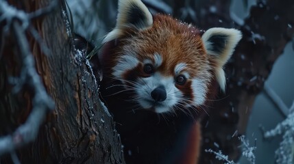 Close-up of a red panda's face, camouflaged among twigs with snowflakes clinging to them,...