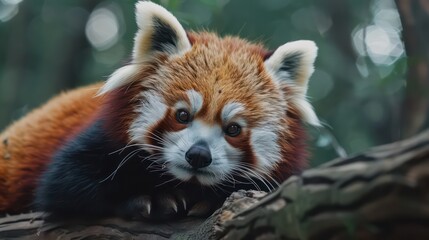 Obraz premium An intimate portrait of a red panda resting on a branch in the forest, with a focus on its calm and relaxed demeanor