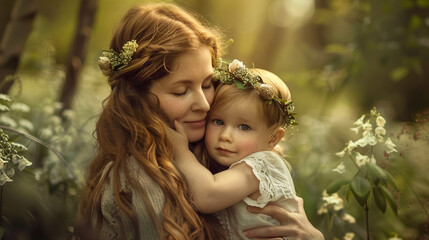 mother and little daughter play at sunset