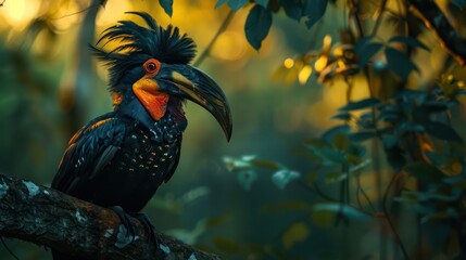 Naklejka premium A detailed close-up showing the complex feather pattern and vivid colors of a hornbill against a blurred backdrop