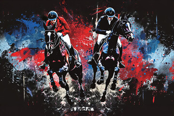 Comics of Equestrian Individual Jumping Riders navigate a course of jumps with their horses