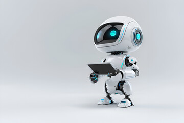 Cute robot assistant holding digital tablet