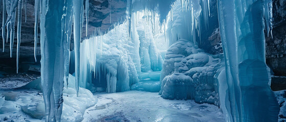 Majestic ice cavern with shimmering icicles and frozen waterfalls, illuminated by natural light.