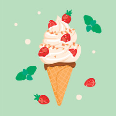 Cartoon ice cream in waffle cone decorated with strawberry and mint leaves.Delicious dessert with chocolate and pieces of nuts.Food design for use in card,banner template,stickers.Vector illustration.