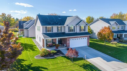This modern home boasts an immaculately maintained landscape, with a clear blue sky hinting at a perfect suburban lifestyle and modernity